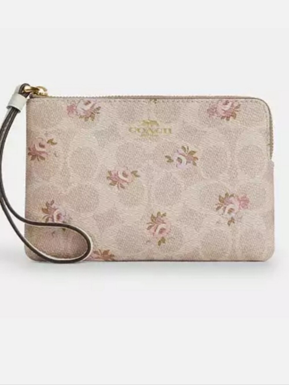 Coach Sand Floral Print Leather Corner Zip Wrislet NWT
